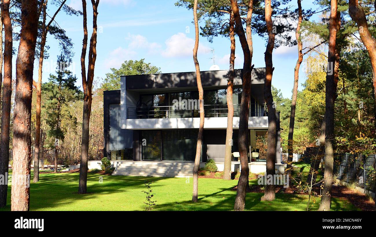 Modern villa with large patio in the woods. Modern design in a big residence in the middle of