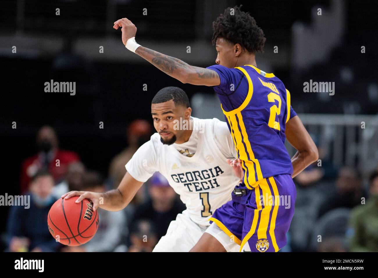 LSU guard Eric Gaines (2) defends against Tech guard Kyle