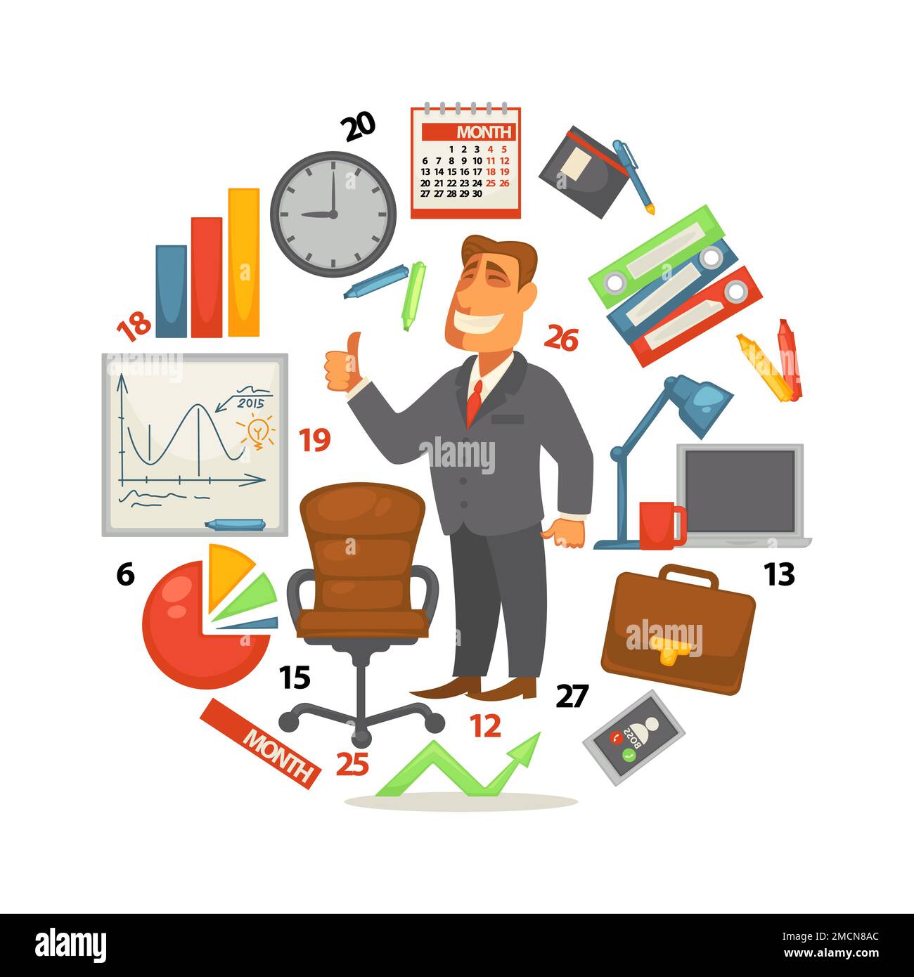 Business equipment businessman and work items graphics and charts Stock