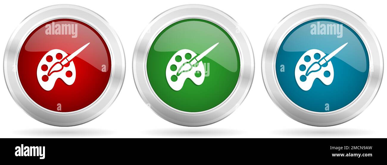 Paint brush, palette, art vector icon set. Red, blue and green silver