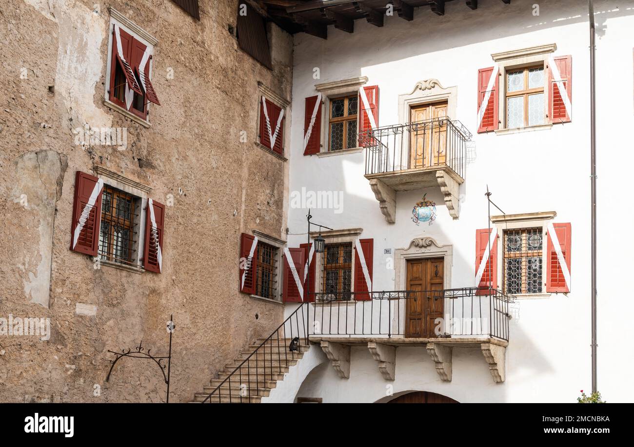 The medieval Casez Castle (or Palazzo Concini) XV century details of the facade, Sanzeno, Non
