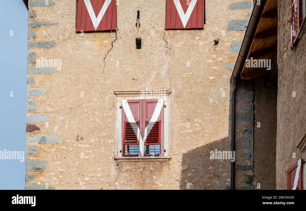 The medieval Casez Castle (or Palazzo Concini) XV century -  details of the facade, Sanzeno, Non valley, Trento province, Trentino Alto-Adige, Italy, Stock Photo