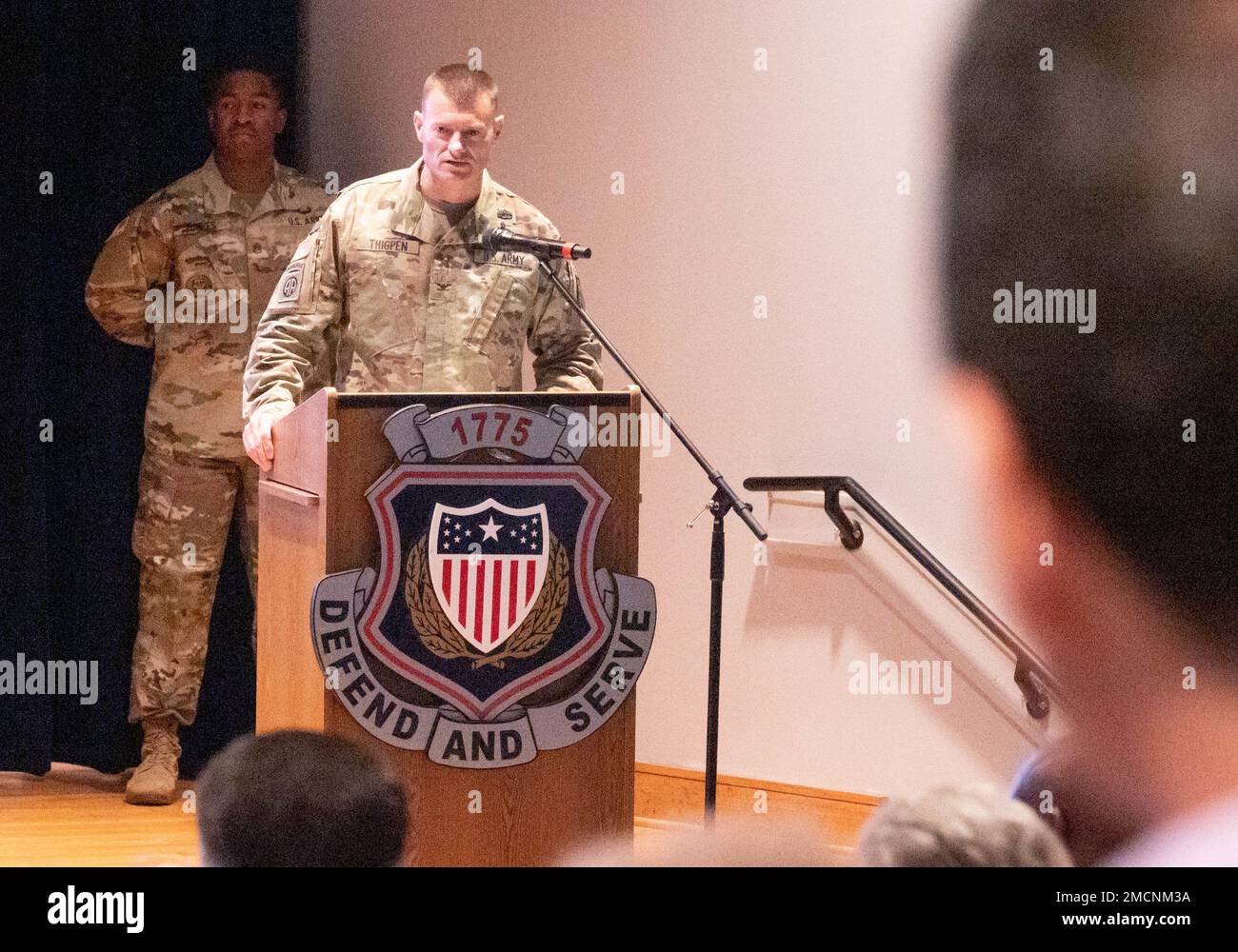 Col. Chesley D. Thigpen speaks to attendees of the Adjutant General School’s change of commandant ceremony at the Soldier and Support Institute July 7, 2022. Thigpen became the 36th commandant of the Adjutant General School and 23rd chief of the Adjutant General Corps. Stock Photo