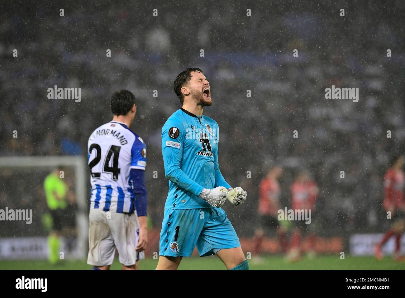Real Sociedad's goalkeeper Alex Remiro celebrates their victory at the ...