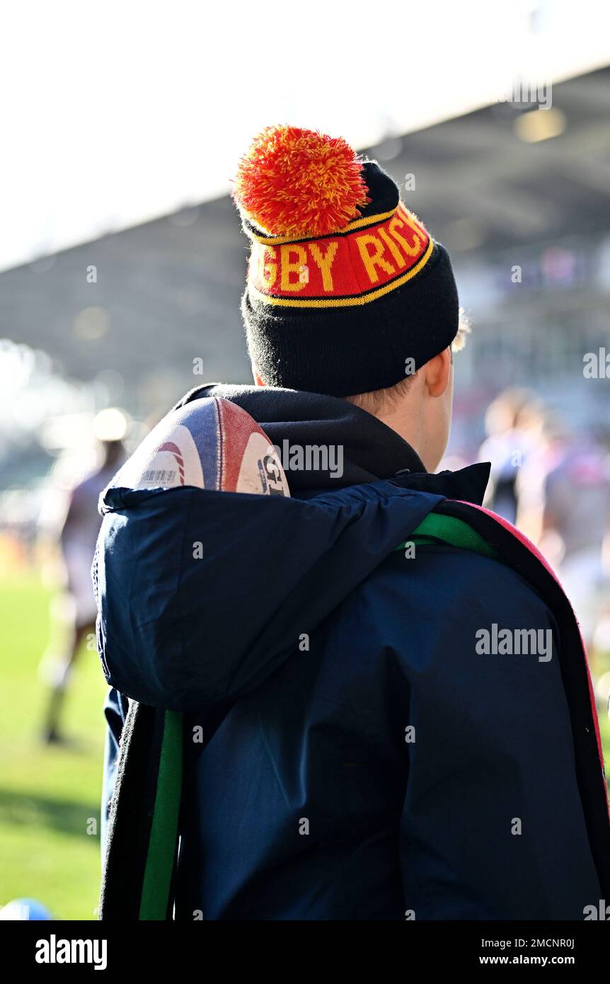 Twickenham, United Kingdom. 21st Jan, 2023. European Champions Cup Rugby.  Harlequins V Cell C Sharks. Twickenham Stoop. Twickenham. A young fan with  his rugby bobble hat and a rugby ball in the