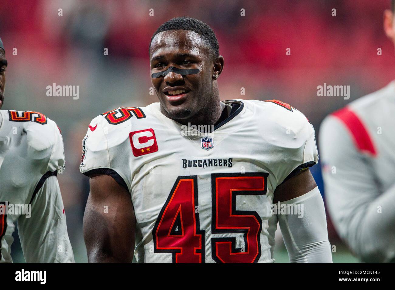 Tampa Bay Buccaneers inside linebacker Devin White (45) walks off the field  after an NFL football game against the Atlanta Falcons, Sunday, Dec. 5,  2021, in Atlanta. The Tampa Bay Buccaneers won