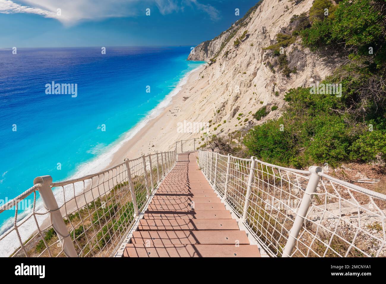 Stairs going down to Egremni beach, Lefkada Island, Greece. Stock Photo