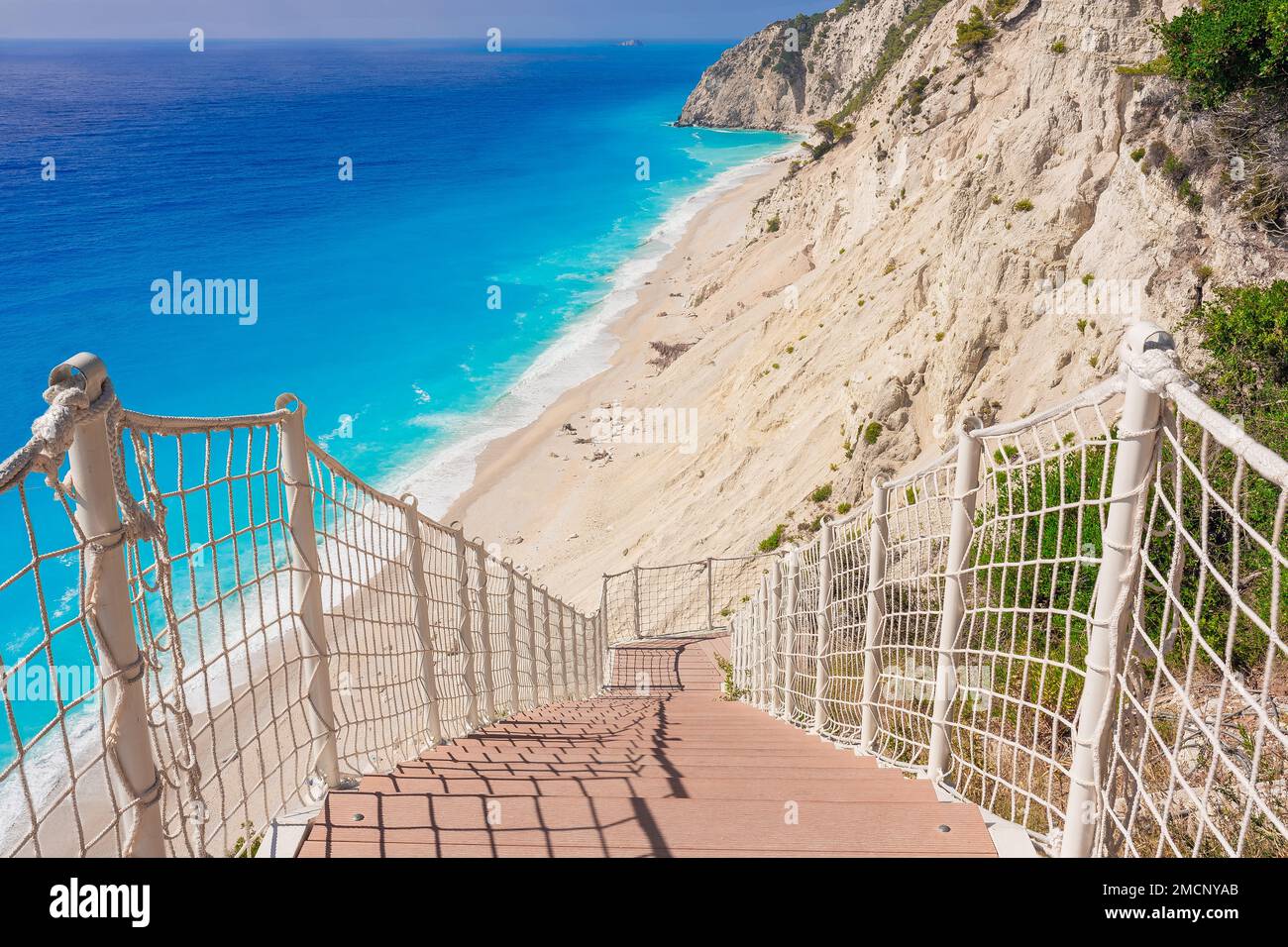 Stairs going down to Egremni beach, Lefkada Island, Greece. Stock Photo