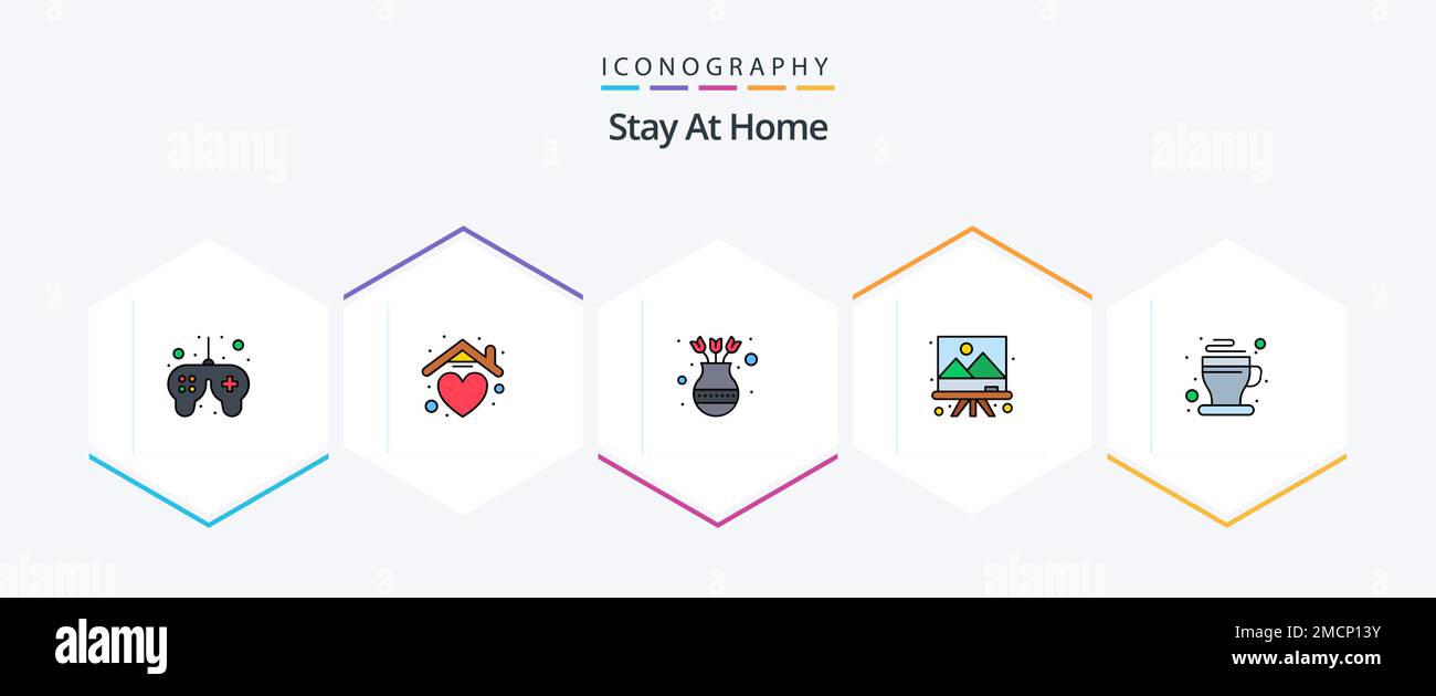 Stay At Home 25 FilledLine icon pack including drawing. pot. love. home. flower Stock Vector