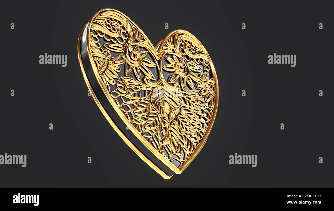 Traditional ace, play card icon isolated on black background. Ace symbol heart decorated with traditional motifs. 3d rendering Stock Photo