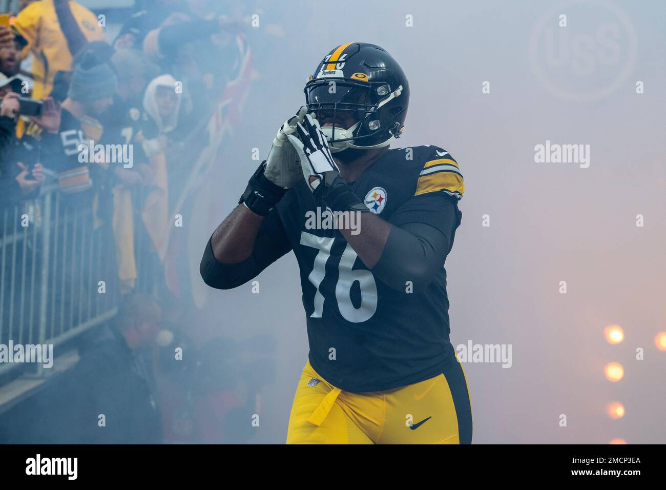 Pittsburgh Steelers offensive tackle Chukwuma Okorafor (76) takes the field before an NFL football game against the Baltimore Ravens, Sunday, Dec