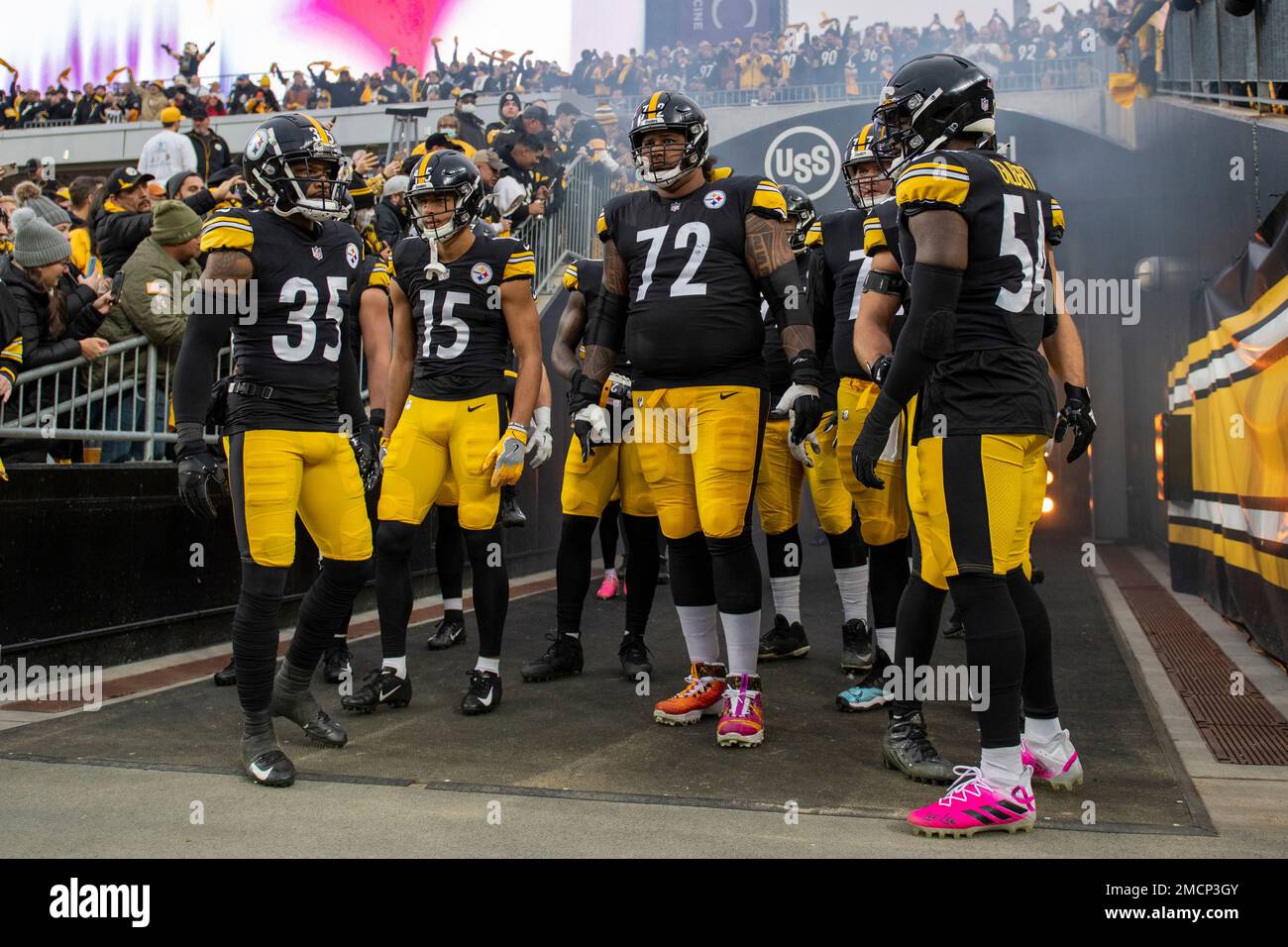 The Pittsburgh Steelers prepare to take the field before an NFL