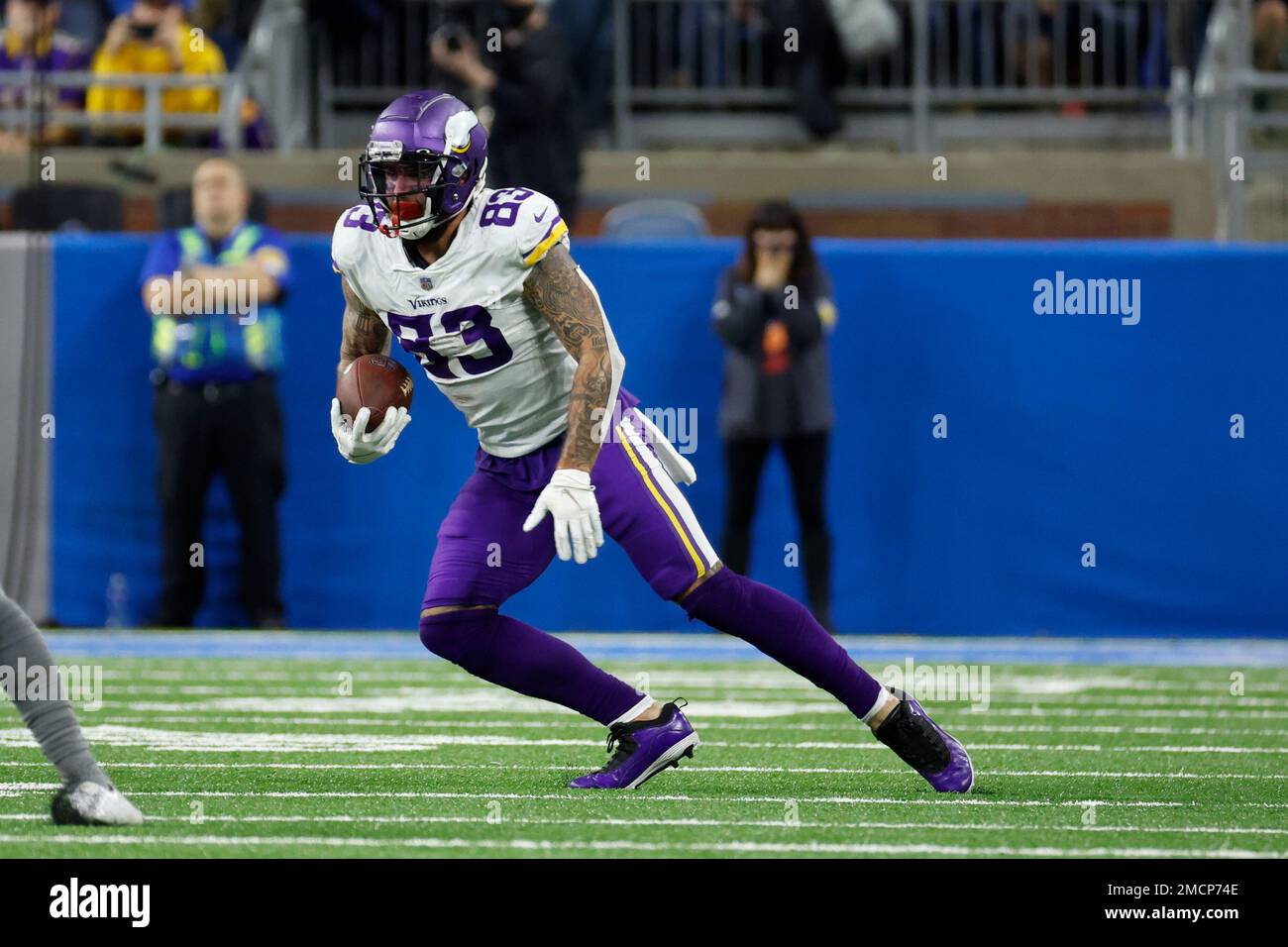 Minnesota Vikings tight end Tyler Conklin (83) runs the ball against the  Detroit Lions during an NFL football game, Sunday, Dec. 5, 2021, in  Detroit. (AP Photo/Rick Osentoski Stock Photo - Alamy