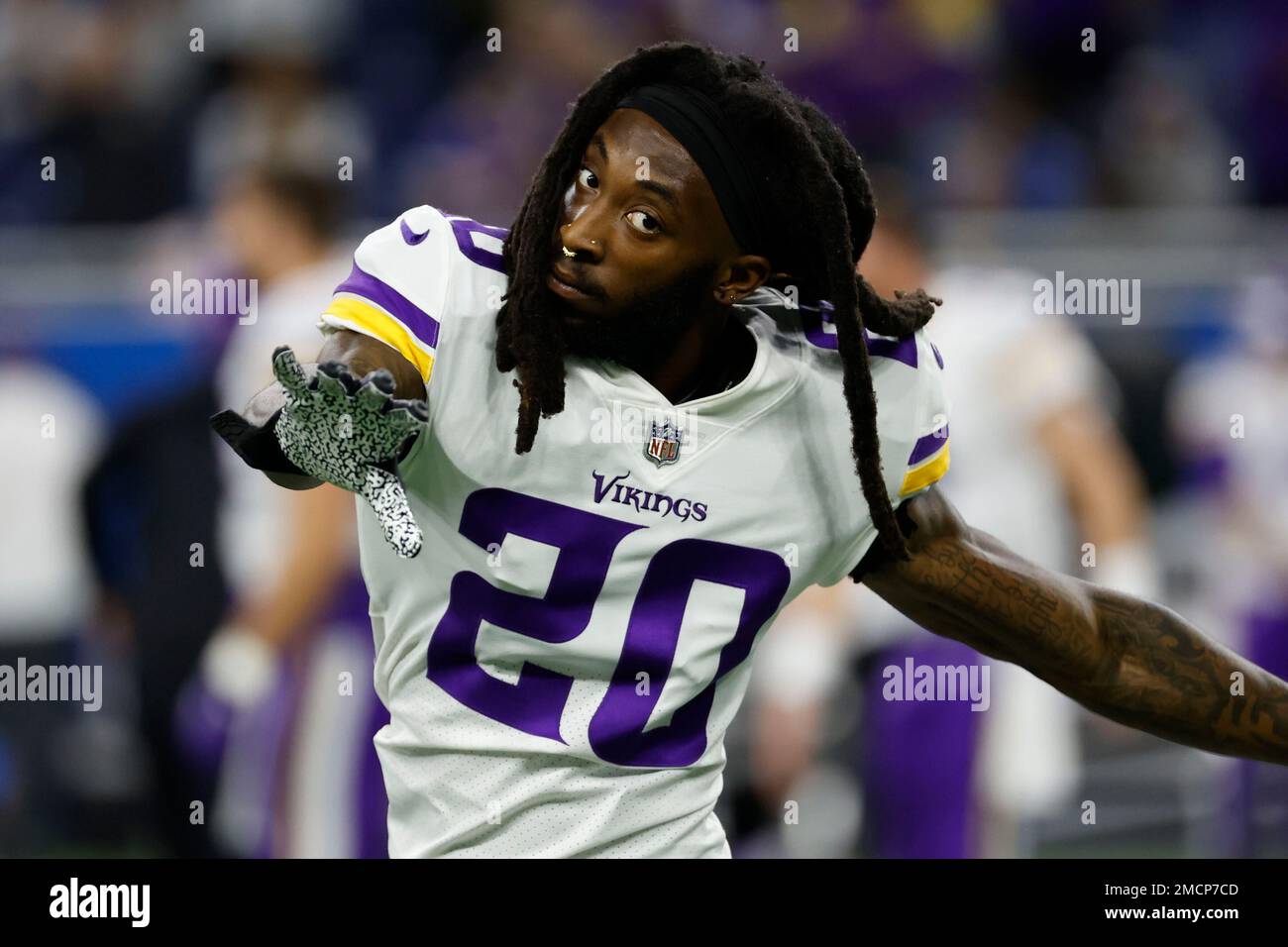 Minnesota Vikings cornerback Harrison Hand (20) warms up against the