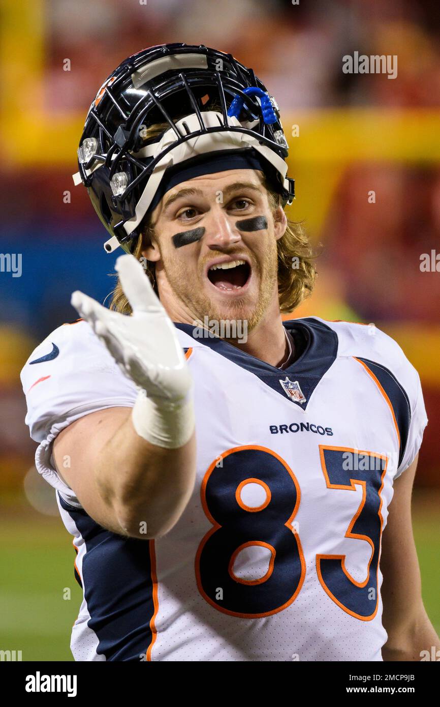 Denver Broncos tight end Andrew Beck (83) react to a call during