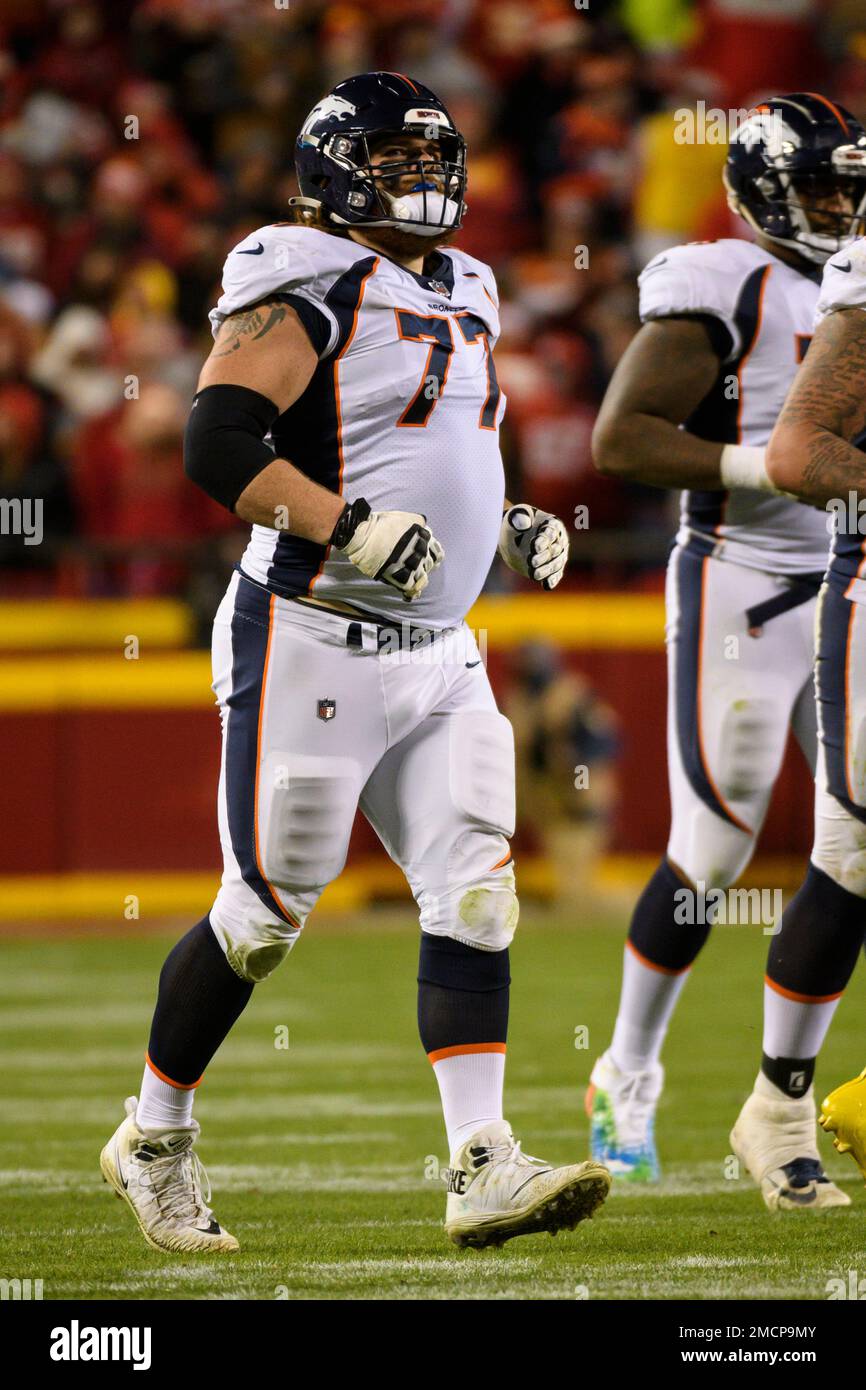 Denver Broncos guard Quinn Meinerz (77) warms up prior to an NFL