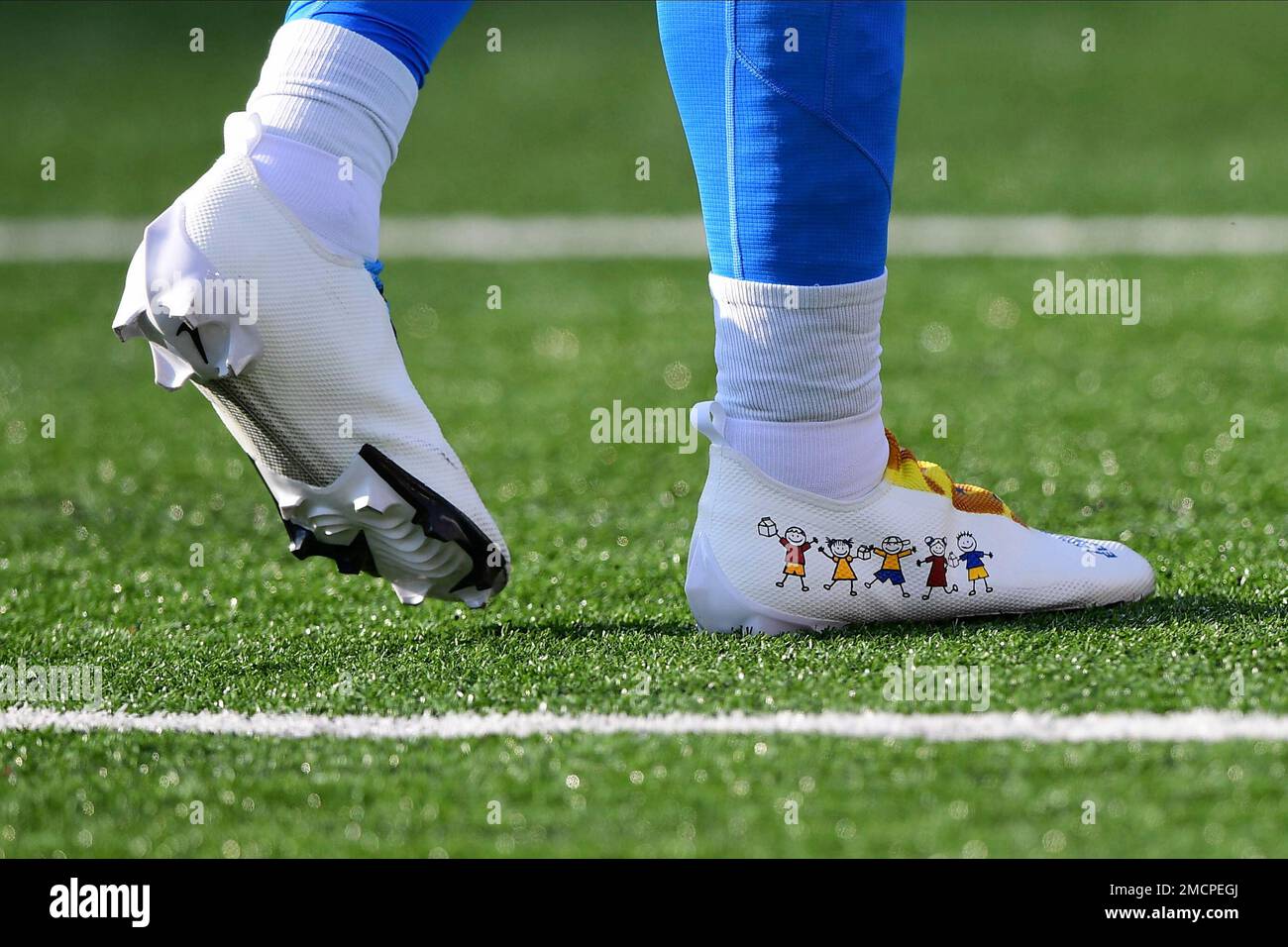 A detailed view of the My Cause My Cleats shoes of Cincinnati Bengals  quarterback Joe Burrow (9) during warm ups before an NFL football game  against the Los Angeles Chargers, Sunday, Dec.