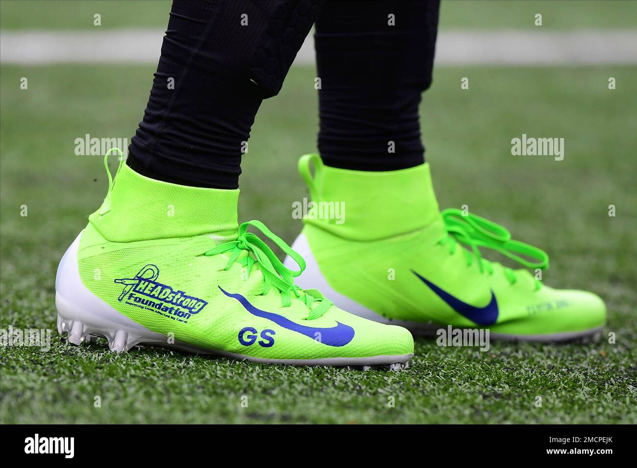 A detailed view of the My Cause My Cleats shoes of Cincinnati Bengals  quarterback Joe Burrow (9) during warm ups before an NFL football game  against the Los Angeles Chargers, Sunday, Dec.