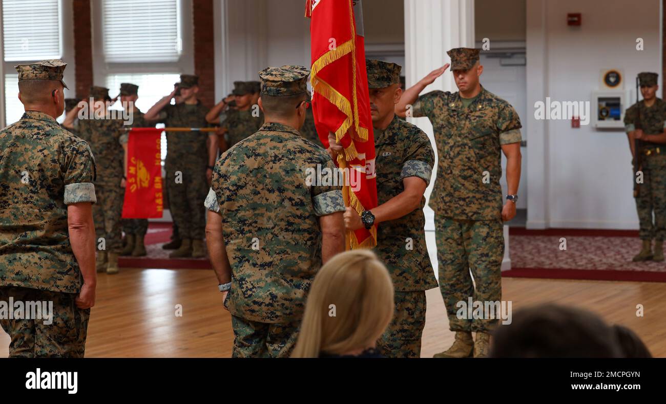 Lt. Col. Nathan P. Bastar relinquishes command of Headquarters and Service Battalion to Lt. Col. Peter C. Dunning aboard Marine Corps Recruit Depot Parris Island, S.C., July 8, 2022. Headquarters and Service Battalion is in charge of running the administration and logistics elements of the depot. Stock Photo
