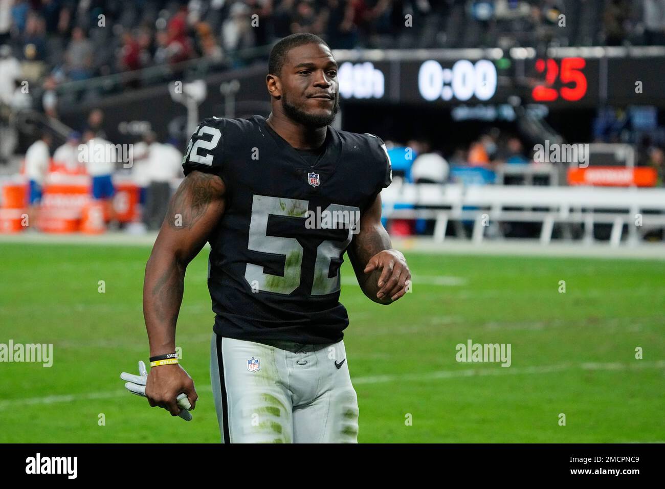 Las Vegas Raiders line backer Denzel Perryman (52) after playing the Kansas  City Chiefs during an NFL Professional Football Game Sunday, Nov. 14, 2021,  in Las Vegas. (AP Photo/John McCoy Stock Photo - Alamy