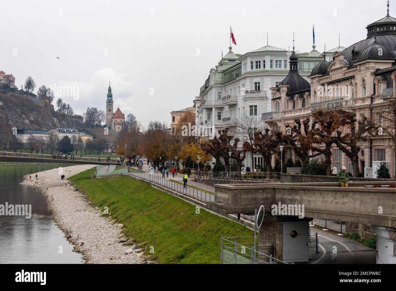 Salzach River runs through Salzburg, Austria Stock Photo