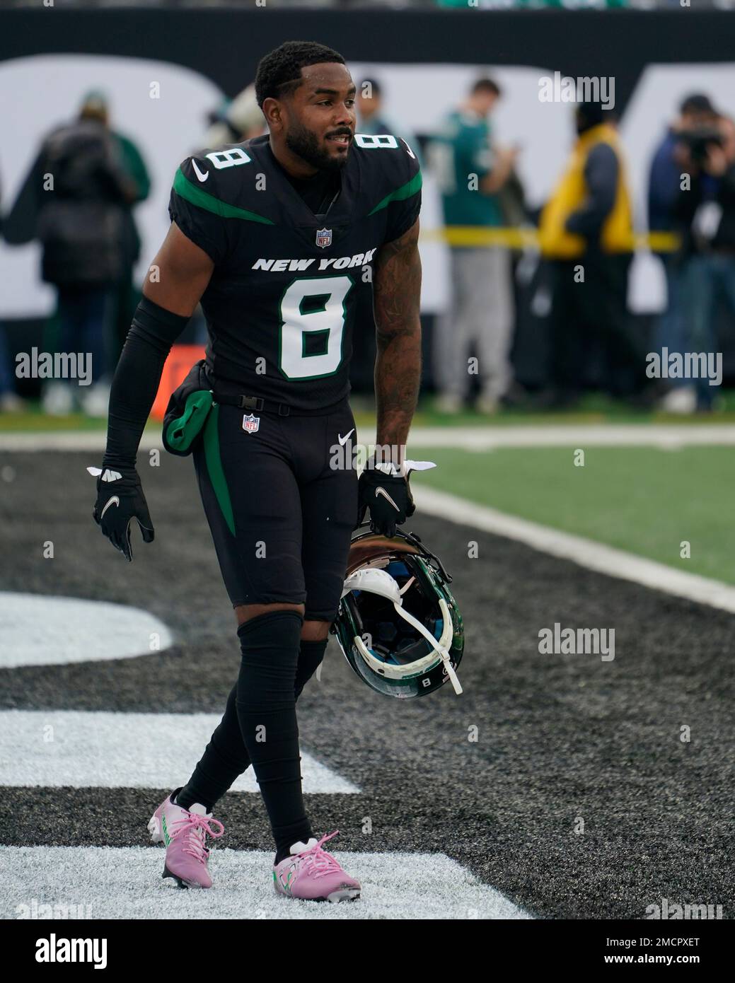 New York Jets wide receiver Elijah Moore wears his specialty cleats for the My Cause My Cleats campaign during practice before an NFL football game against the Philadelphia Eagles Sunday Dec. 5