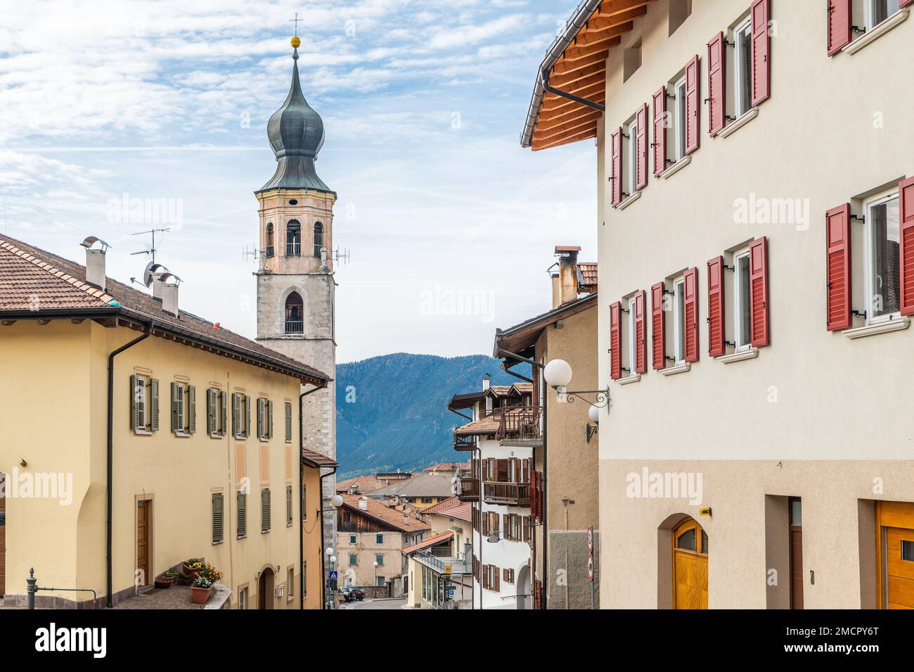 Fondo village, (Borgo d'Anaunia) Non Valley, Trento, Trentino Alto Adige - baroque bell tower of the San Martino parish church, northern Italy Stock Photo