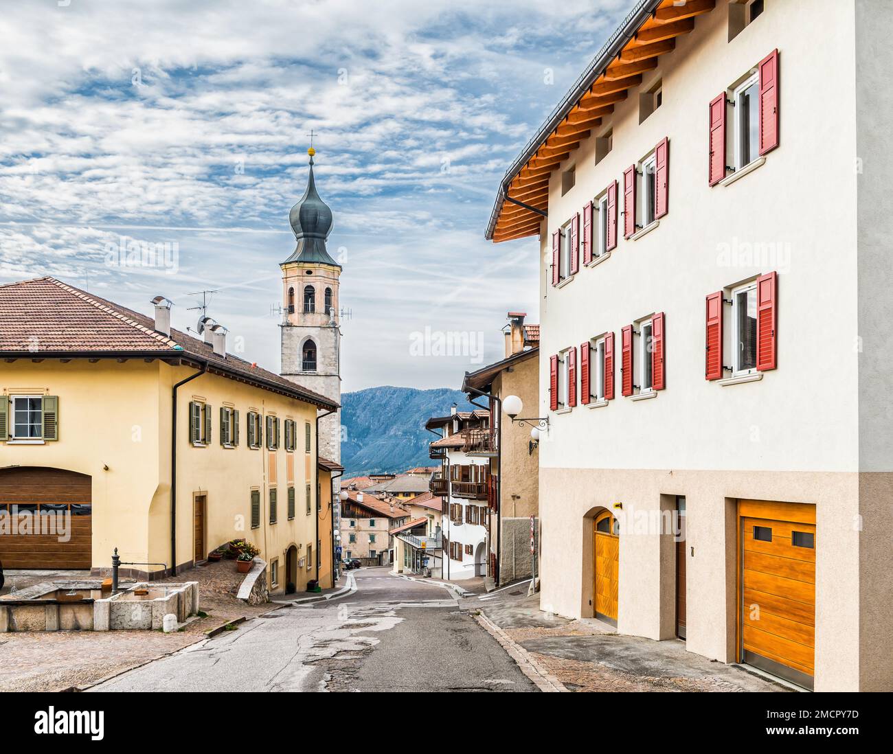 Fondo village, (Borgo d'Anaunia) Non Valley, Trento province, Trentino Alto Adige - baroque bell tower of the San Martino parish church Stock Photo