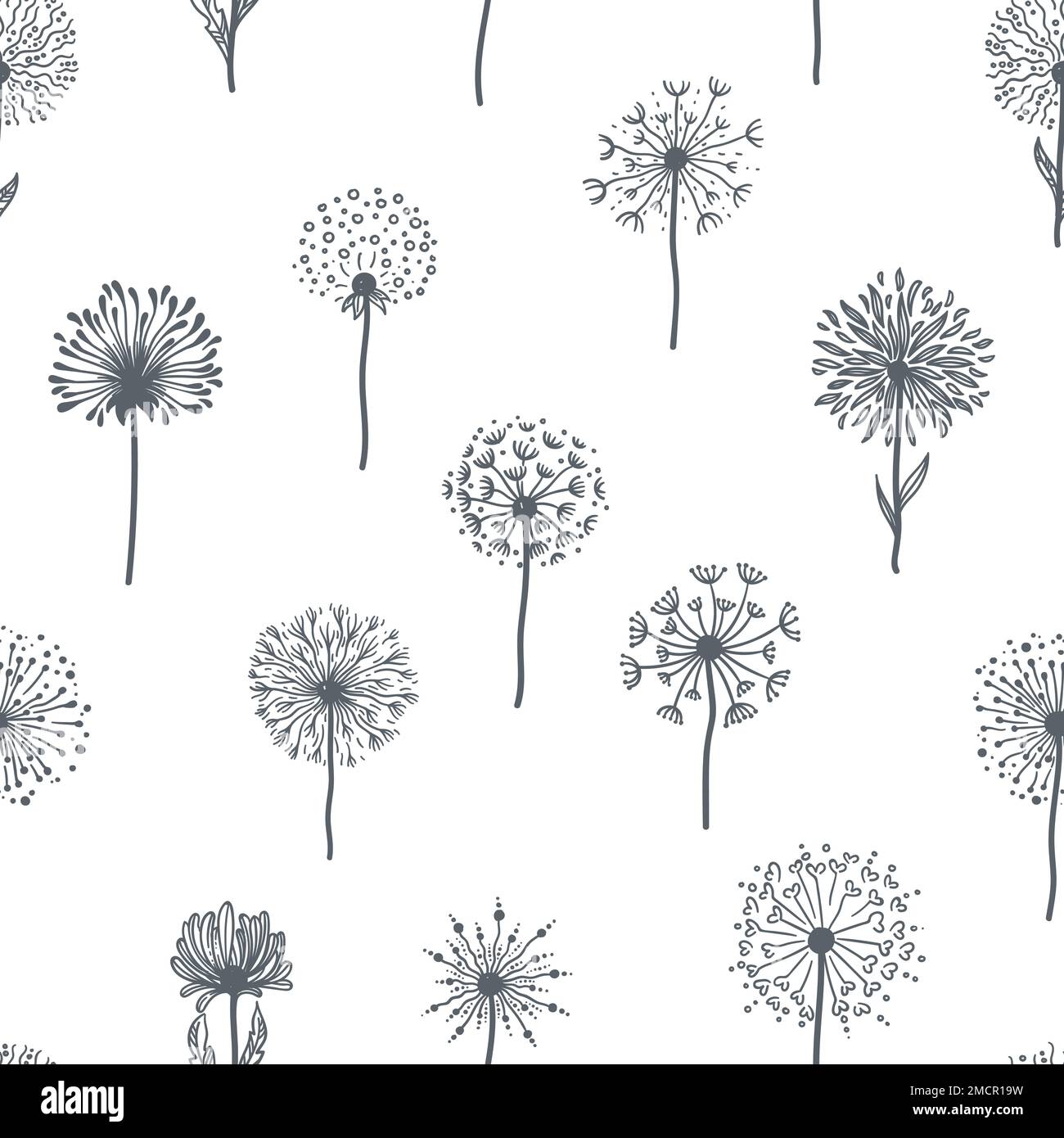 Dandelion flower monochrome seamless pattern floral decor Stock Vector