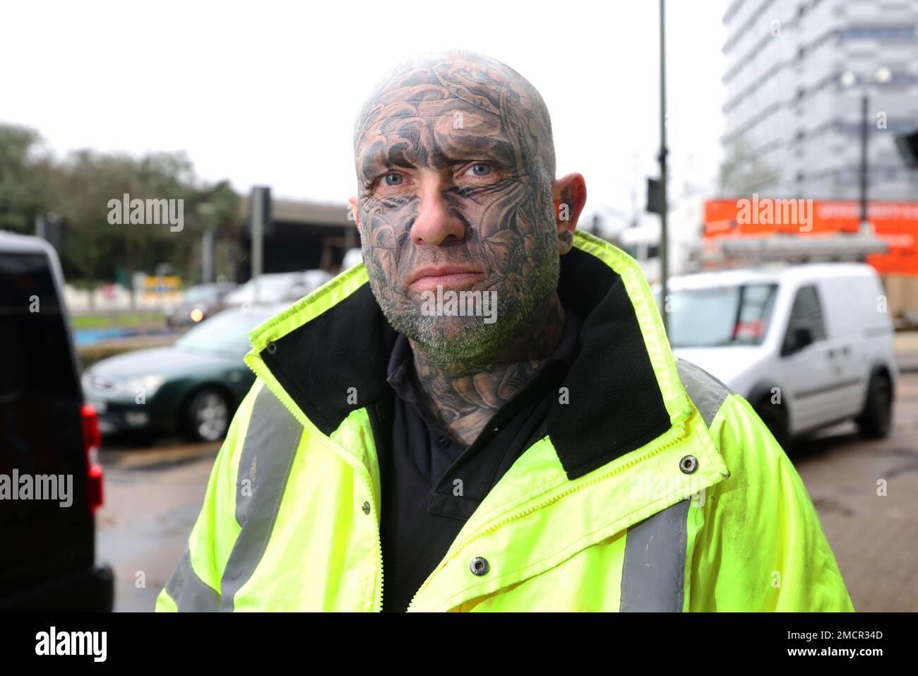 A man with full face tattoos pictured in Sunbury, London, UK. Stock Photo