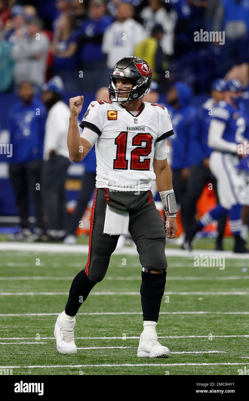 Tampa Bay Buccaneers quarterback Tom Brady pumps his fist after a touchdown  against the Indianapolis Colts during an NFL football game at Lucas Oil  Stadium, Sunday, Nov. 28, 2021 in Indianapolis. (Winslow