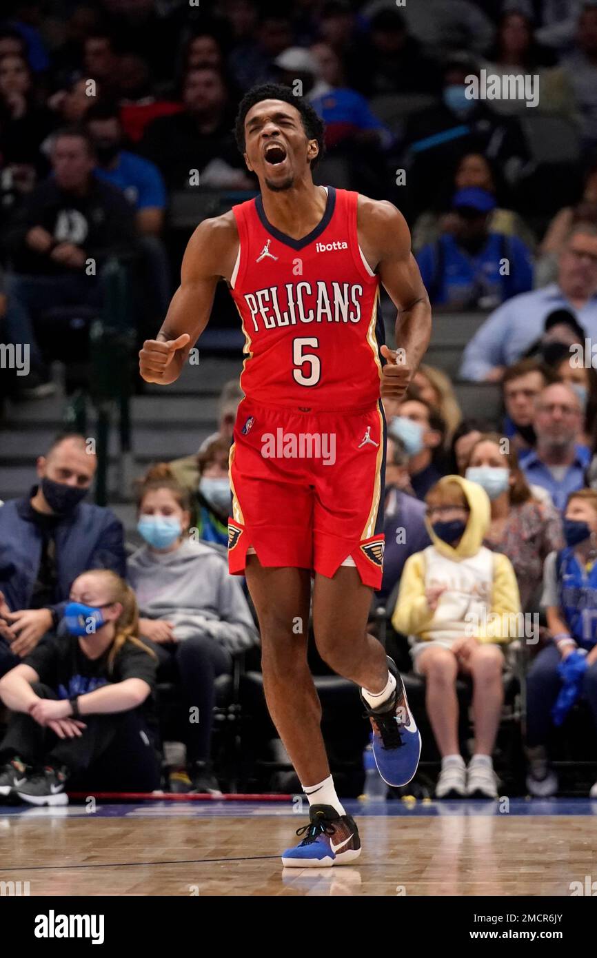New Orleans Pelicans forward Herbert Jones celebrates sinking a three