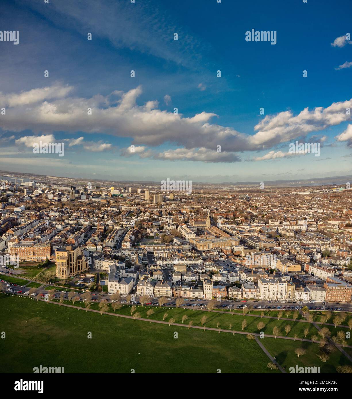 Aerial drone view of the town and the bay of Portsmouth, Southern