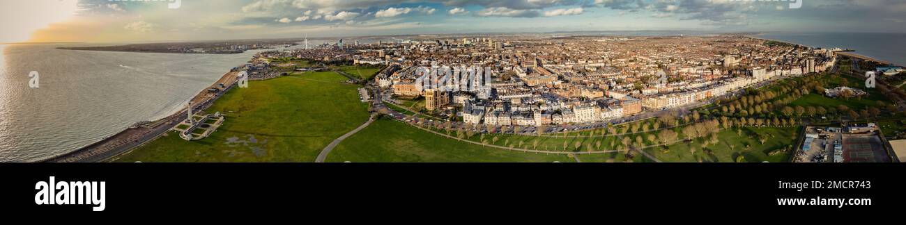 Aerial drone view of the town and the bay of Portsmouth, Southern England Stock Photo