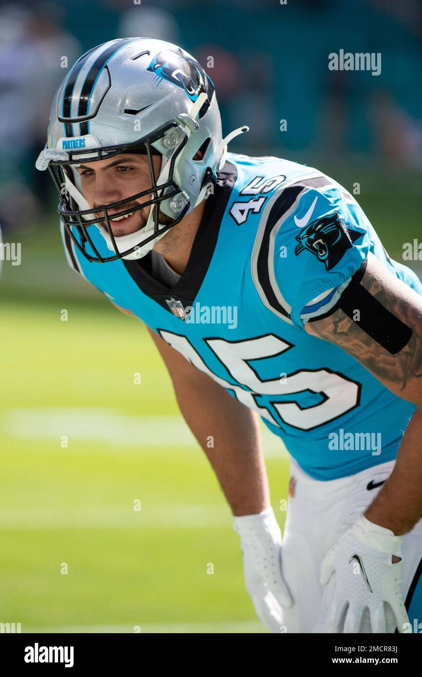 Carolina Panthers fullback Giovanni Ricci (45) runs onto the field before  an NFL football game against the Miami Dolphins, Sunday, Nov. 28, 2021, in  Miami Gardens, Fla. (AP Photo/Doug Murray Stock Photo - Alamy