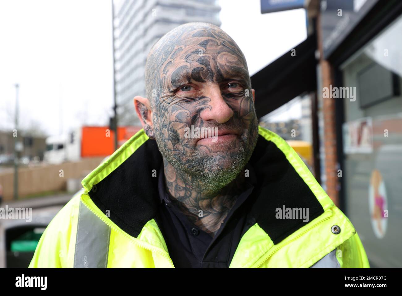 A man with full face tattoos pictured in Sunbury, London, UK. Stock Photo