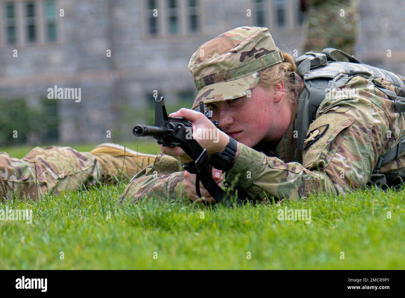 New Cadets practice how to properly aim a M4 Carbine at The Plain on