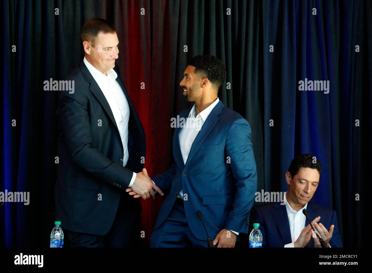 Texas Rangers General Manager Chris Young presents newly signed