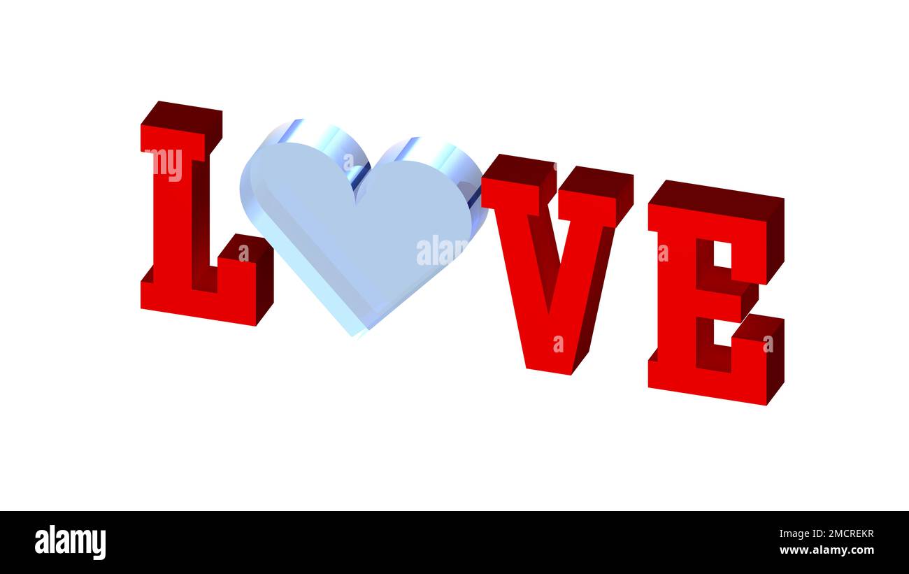 Love, the word love with a shiny crystal heart in the centre, with reflections. White background and 3d graphic illustration for Valentine's Day. Stock Photo