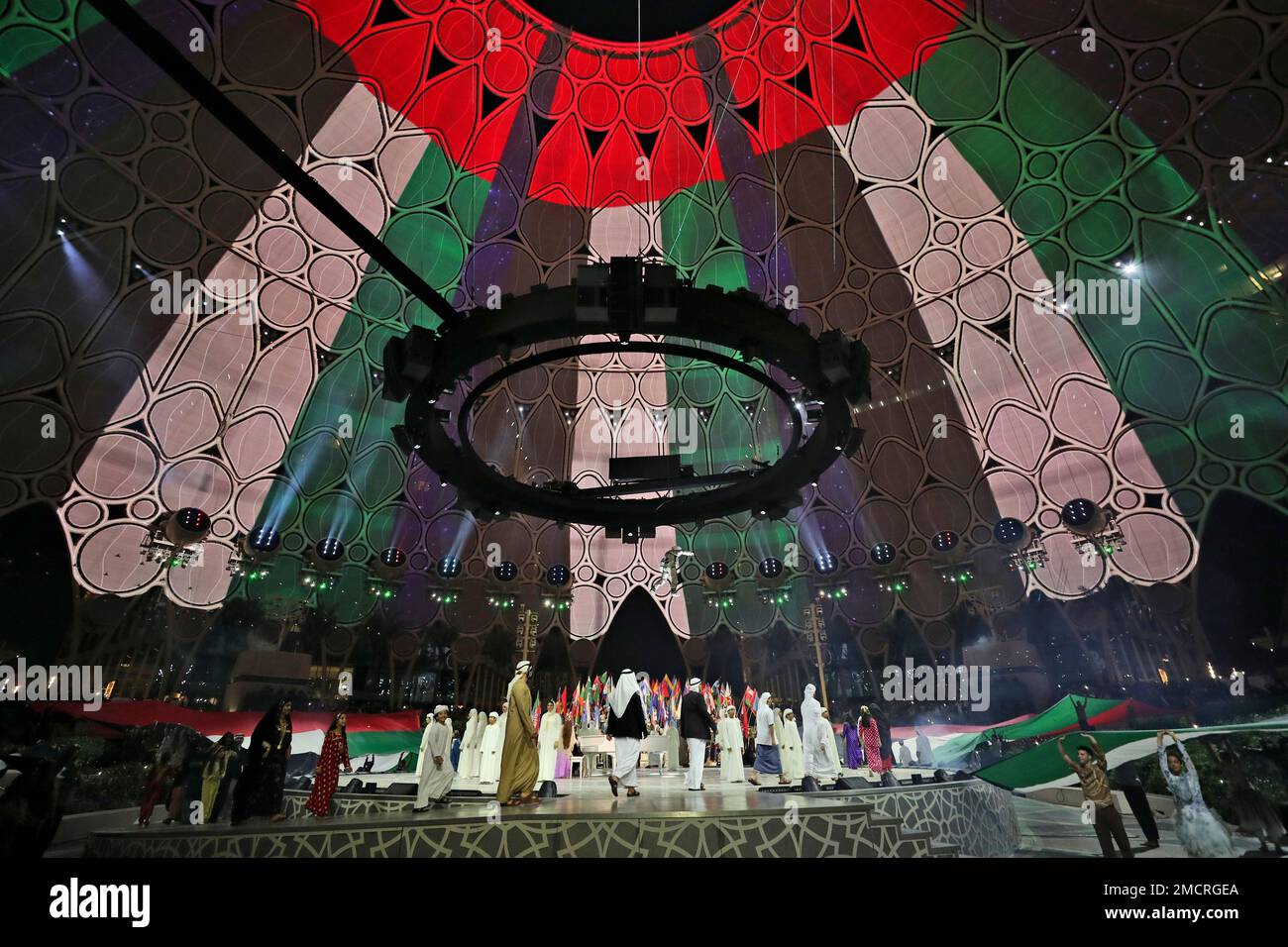 Artists perform during the UAE 50th National Day at the Dubai Expo, in