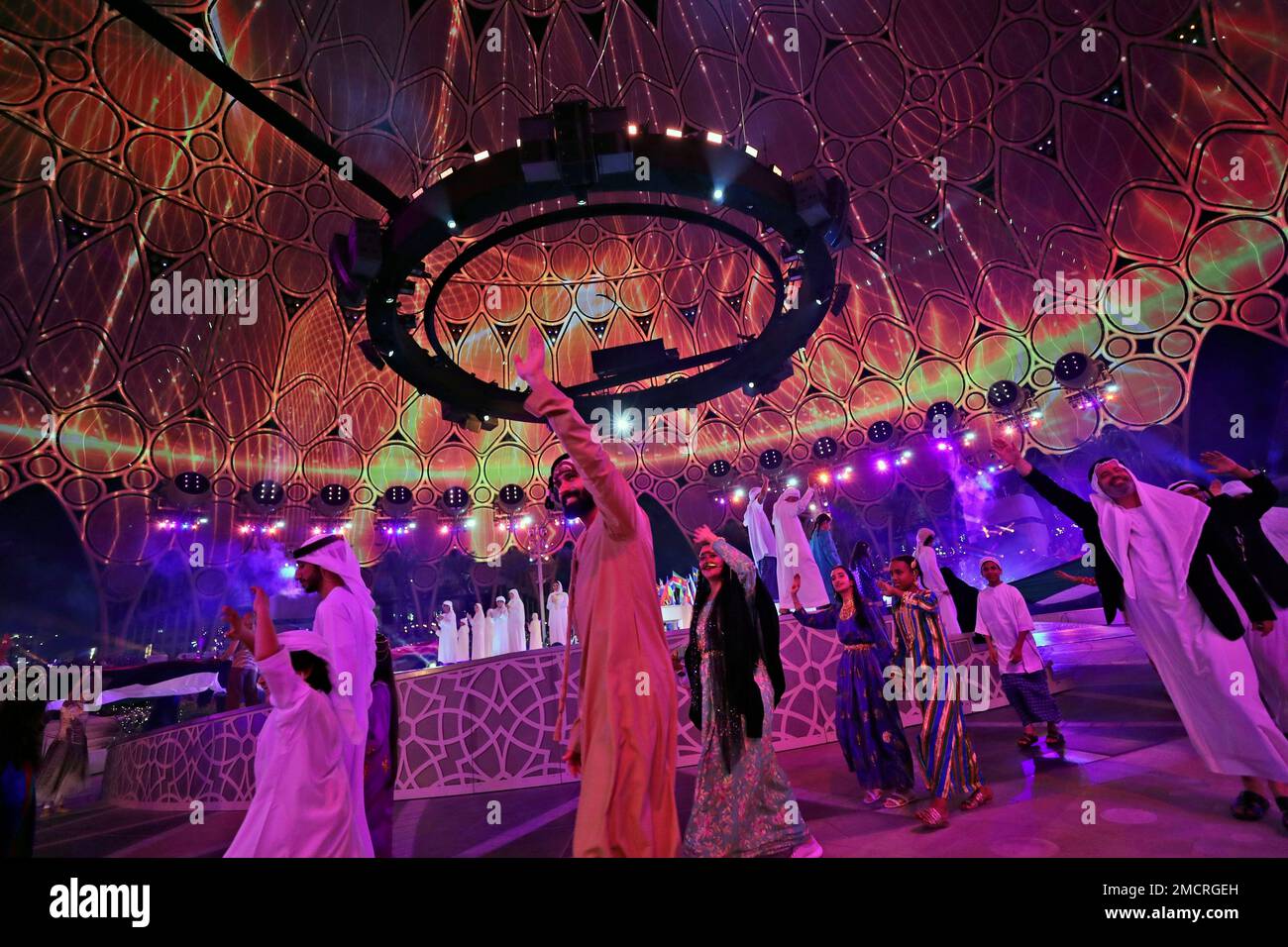 Artists perform during the UAE 50th National Day at the Dubai Expo, in