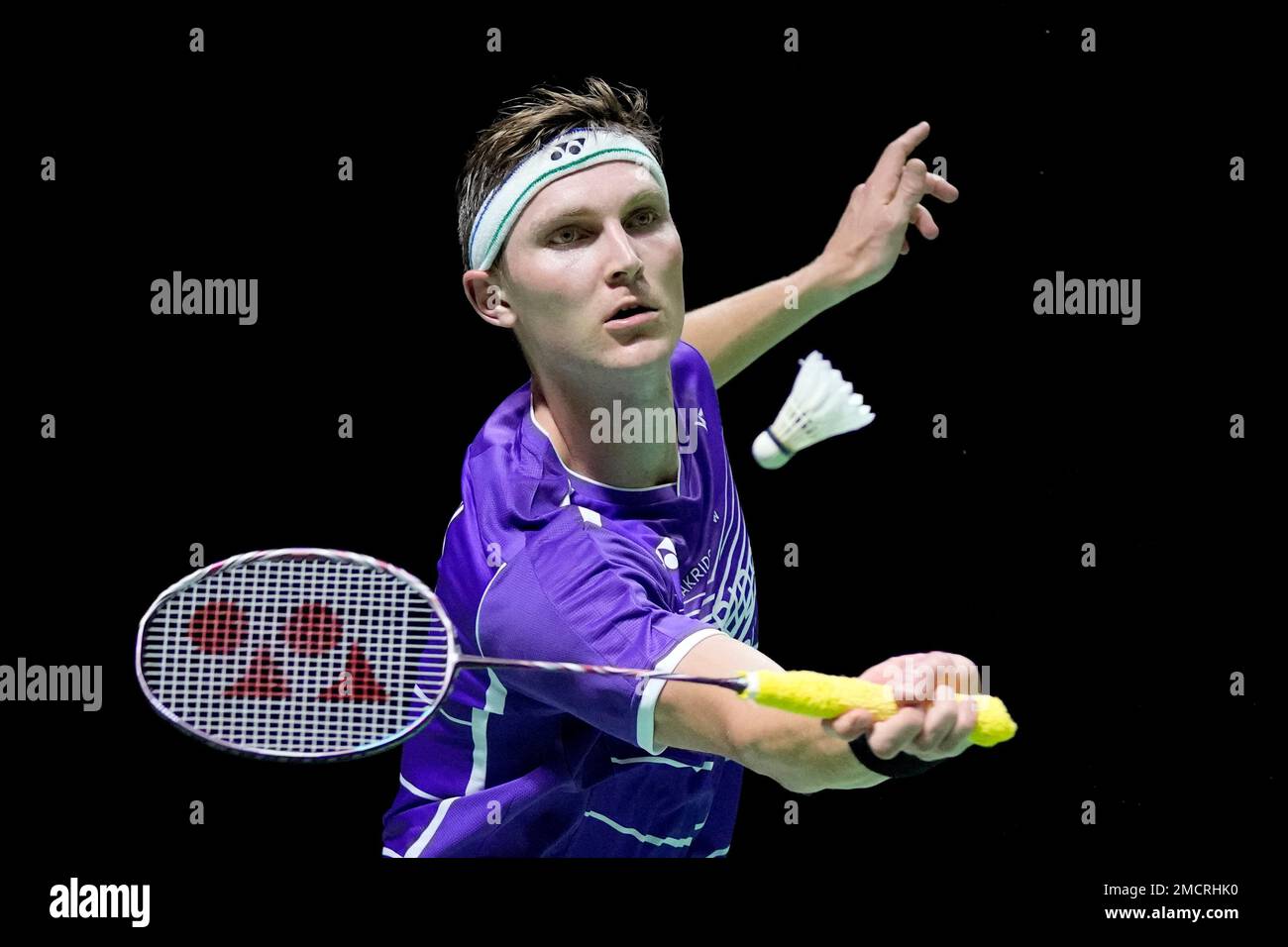 Denmarks Viktor Axelsen competes against Indias Lakshya Sen during their mens singles badminton group stage match at the BWF World Tour Finals in Nusa Dua, Bali, Indonesia, Thursday, Dec