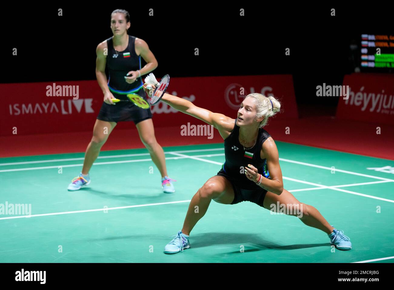 Bulgaria's Gabriela Stoeva, right, and Stefani Stoeva compete against  India's Ashwini Ponnappa and Sikki N. Reddy during their women's doubles  badminton group stage match at the BWF World Tour Finals in Nusa