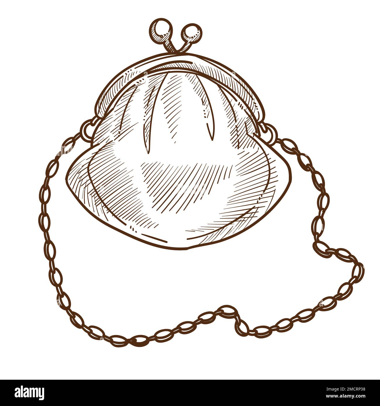 Purse on chain or vintage female accessory isolated sketch Stock Vector
