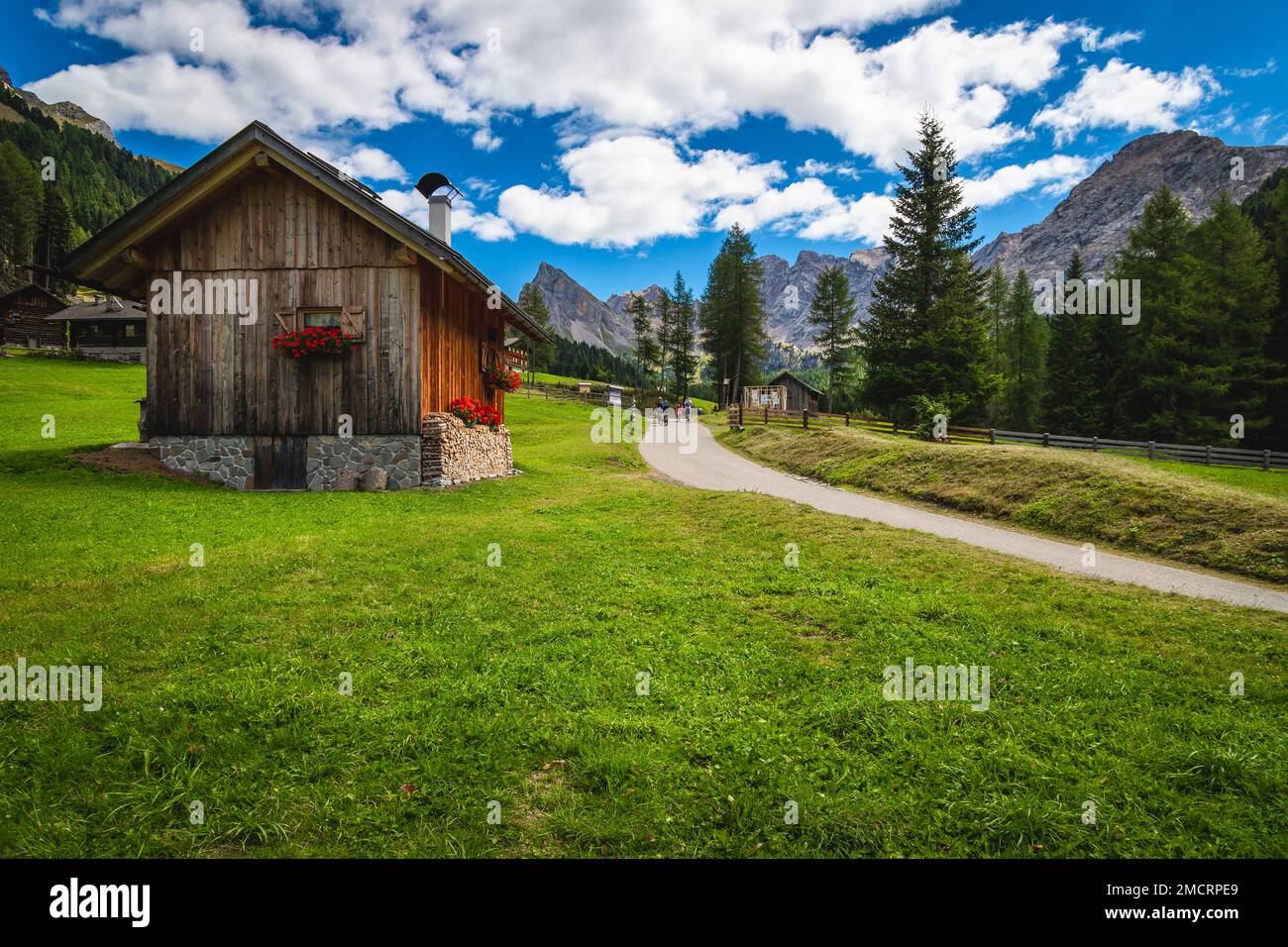 Famous San Nicolo valley and fantastic hiking trail near wooden huts, Dolomites, Italy, Europe Stock Photo