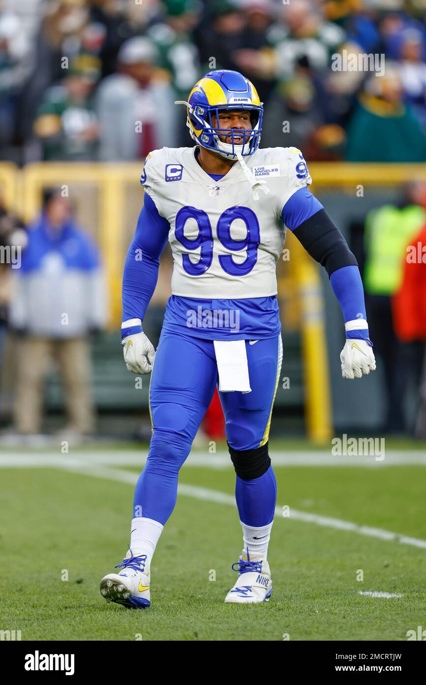 GREEN BAY, WI - NOVEMBER 28: Los Angeles Rams defensive end Aaron Donald  (99) reacts to a play during a game between the Green Bay Packers and the Los  Angeles Rams at