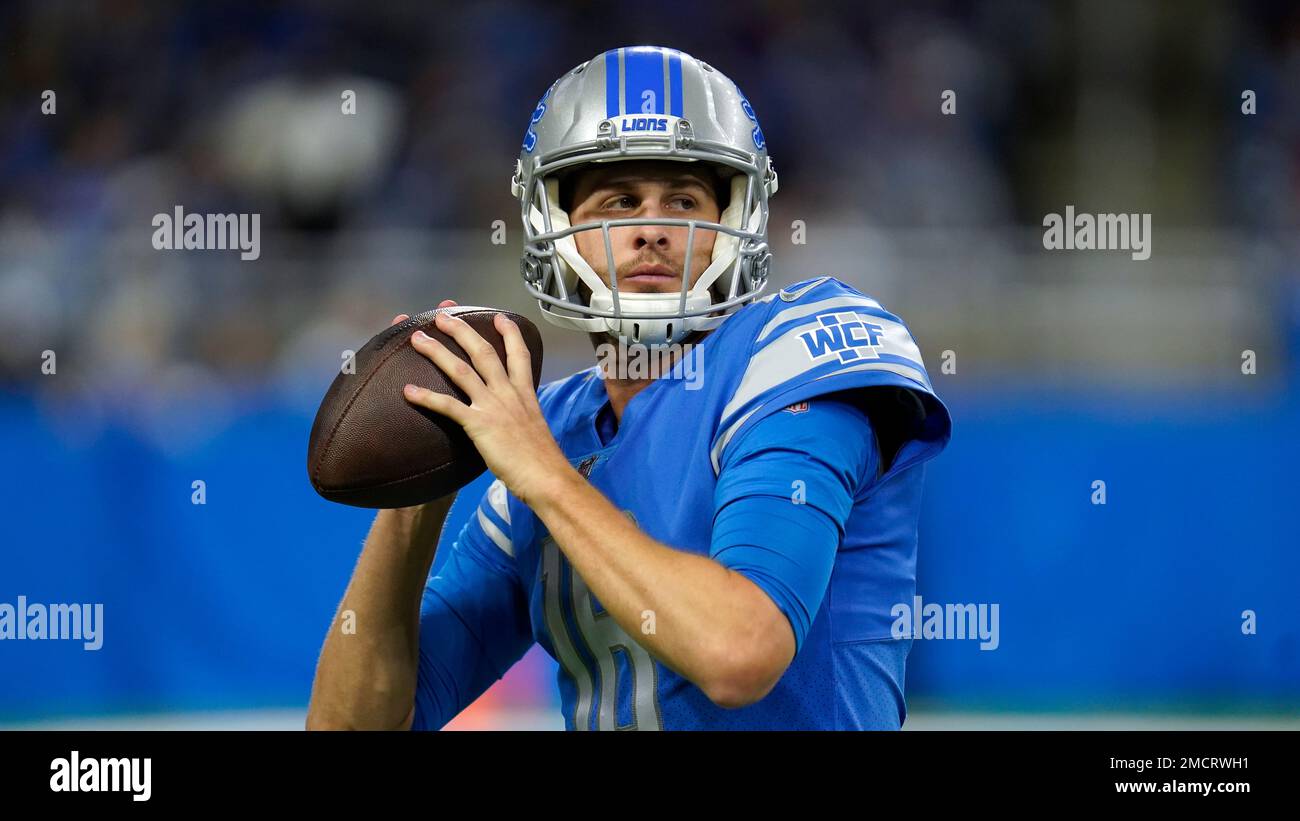 Detroit Lions quarterback Jared Goff (16) on the sideline in the second  half against the Buffalo Bills during an NFL preseason football game,  Friday, Aug. 13, 2021, in Detroit. (AP Photo/Rick Osentoski