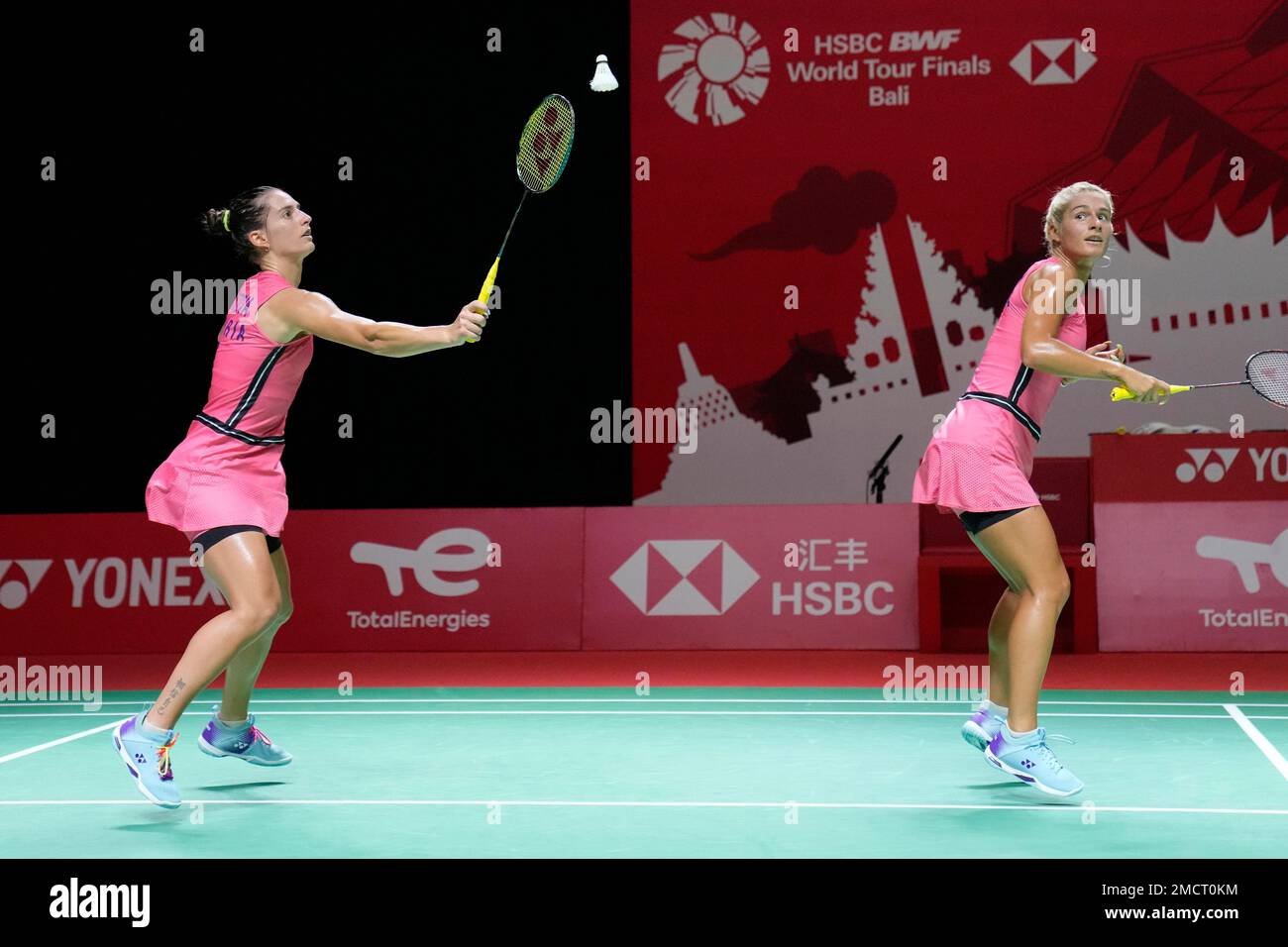 Bulgarias Gabriela, right, and Stefani Stoeva compete against Englands Chloe Birch and Lauren Smith during their womens doubles Group B badminton match at the BWF World Tour Finals in Nusa Dua, Bali,