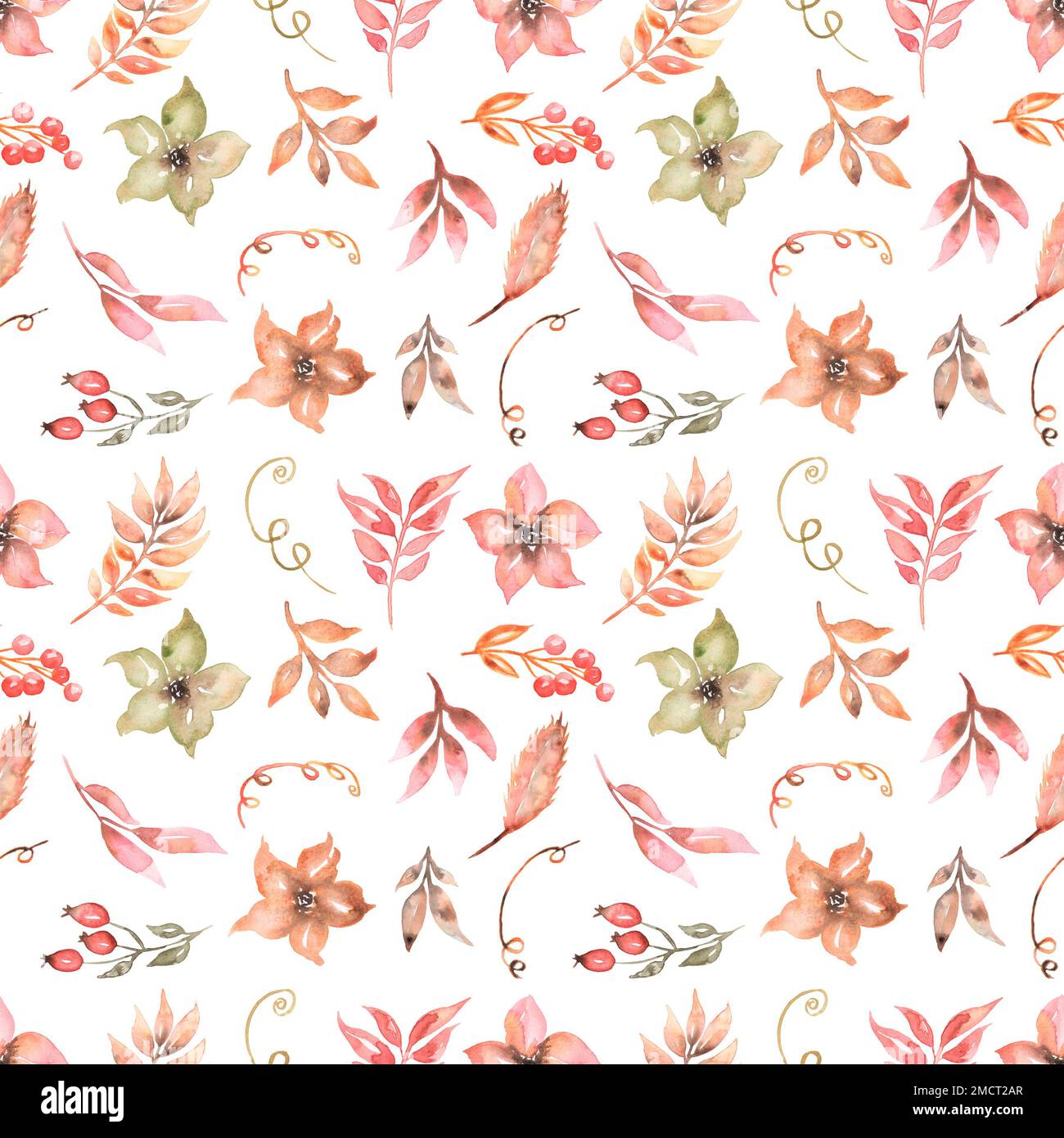 Watercolor Leaves and flowers Digital Paper, Pink, Beige Foliage
