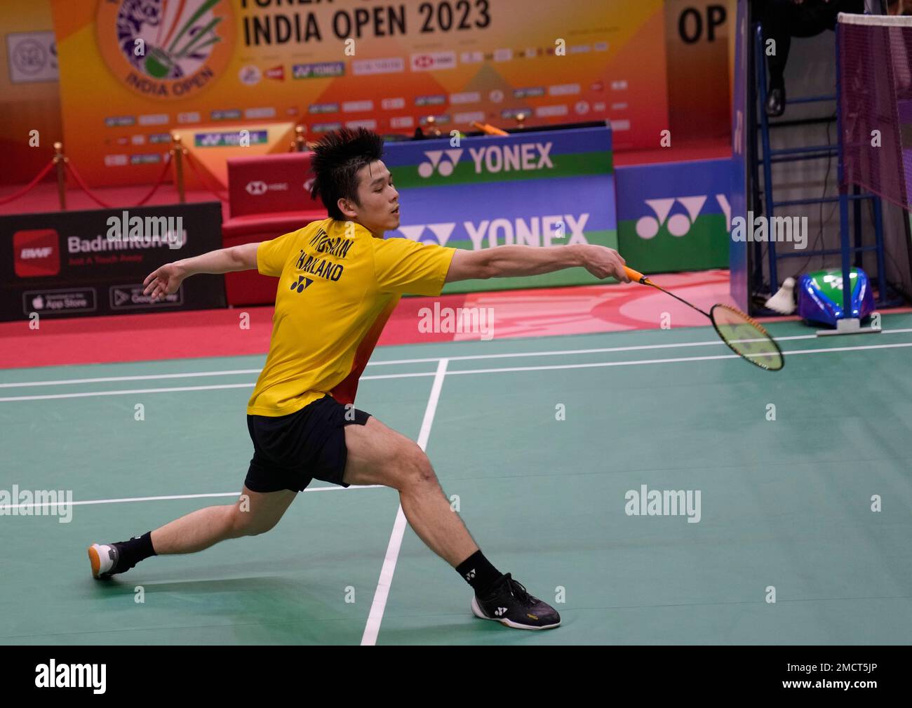 Thailands Kunlavut Vitidsarn competes against Denmarks Viktor Axelsen during the Yonex Sunrise India Open Badminton in New Delhi, India, Sunday, Jan. 22, 2023